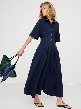 Banana Republic Stretch Cotton Poplin Pintuck Midi Shirt Dress Navy Blue Sz XXL